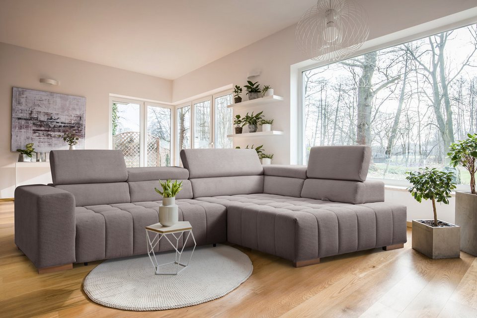 Cord Ecksofa ELIANOS 307 cm in Cappuccino mit Ottomane rechts