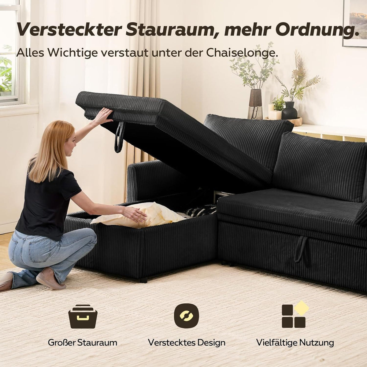 Detailaufnahme des schwarzen Kordsamt Bezugs