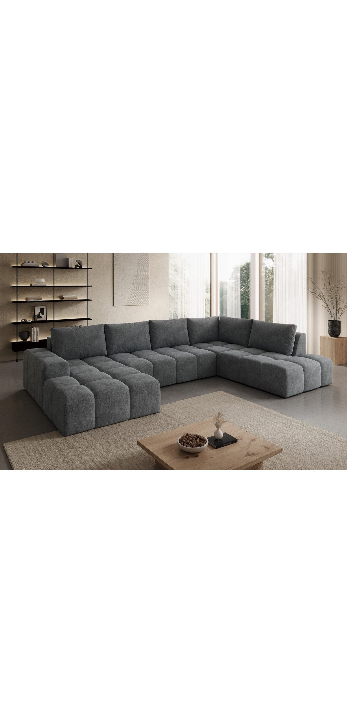 Dunkelgraue Cord Wohnlandschaft in U-Form im Wohnzimmer
