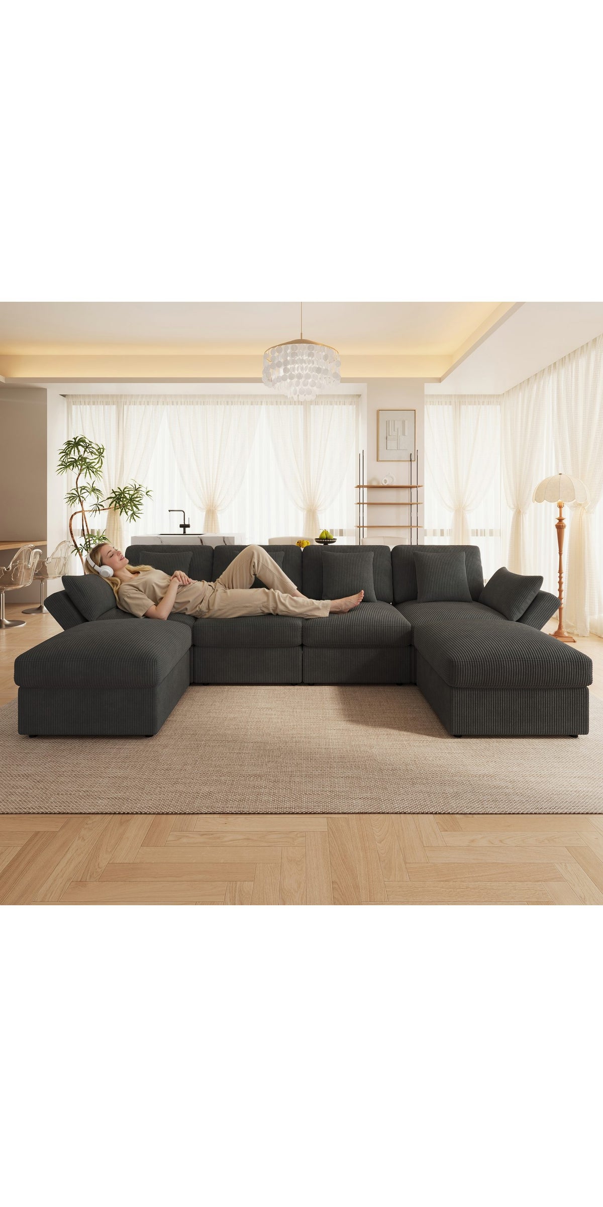 Cord Wohnlandschaft in Grau mit separat nutzbarem Hocker