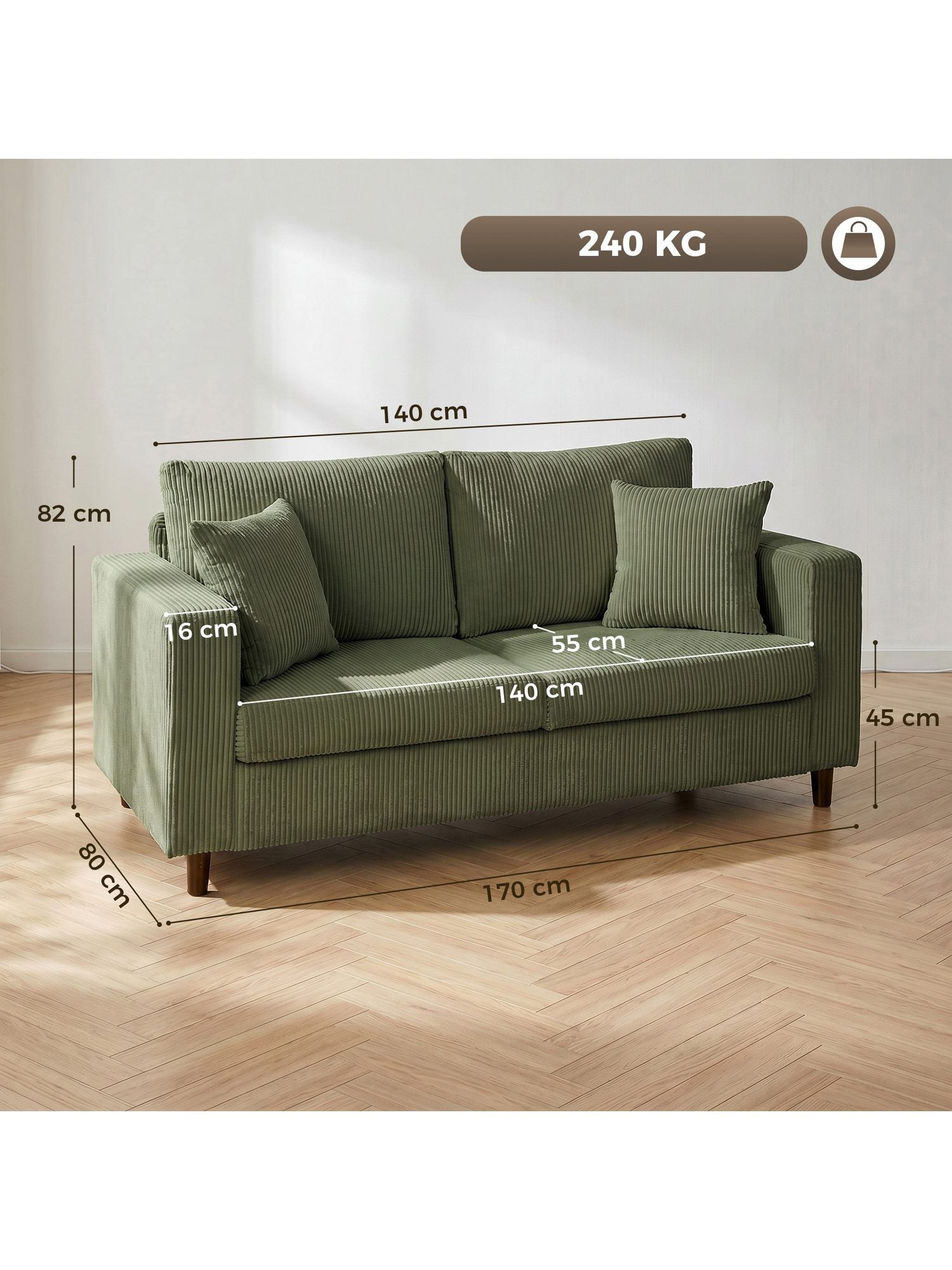 Grünes Cord Sofa mit Sitzkissen und Rückenlehne von vorn