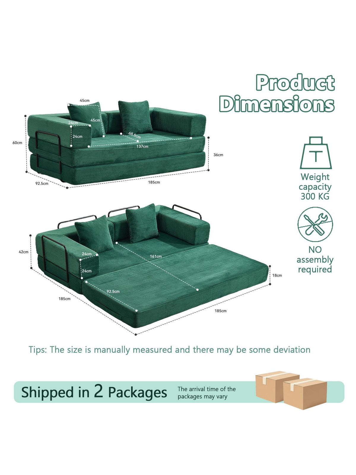 Modulares Cord Schlafsofa in Grün Frontansicht