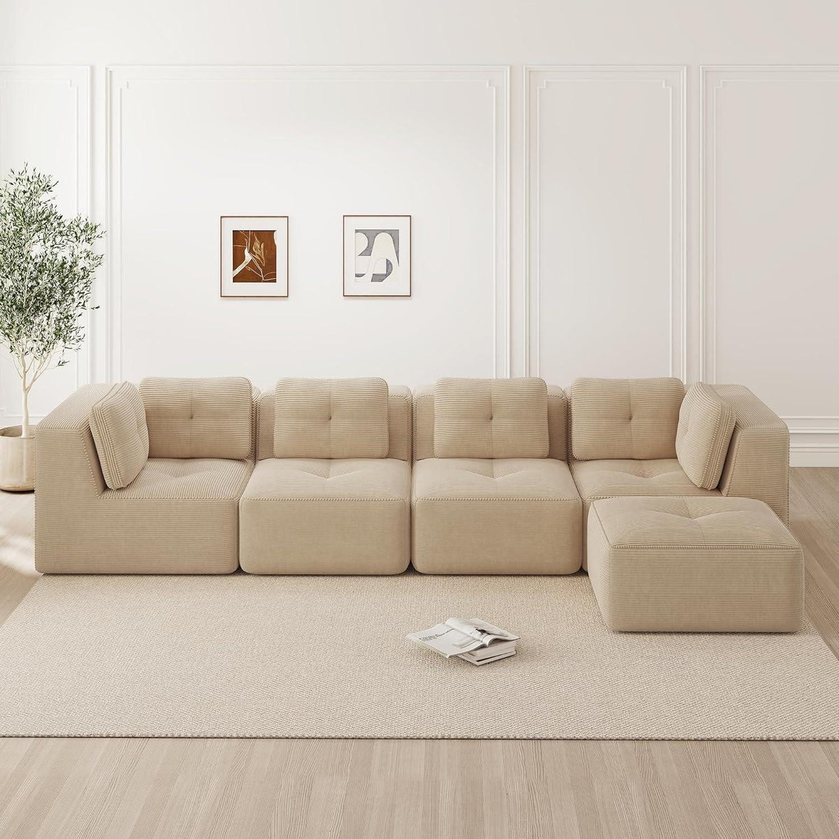 Ottomane des beigen Cord Ecksofas