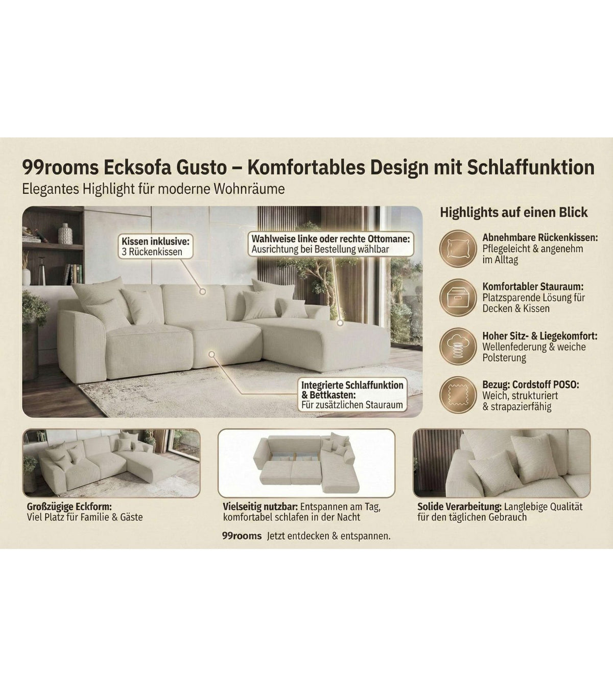 Detailansicht des Cordstoffs POSO am Ecksofa GUSTO