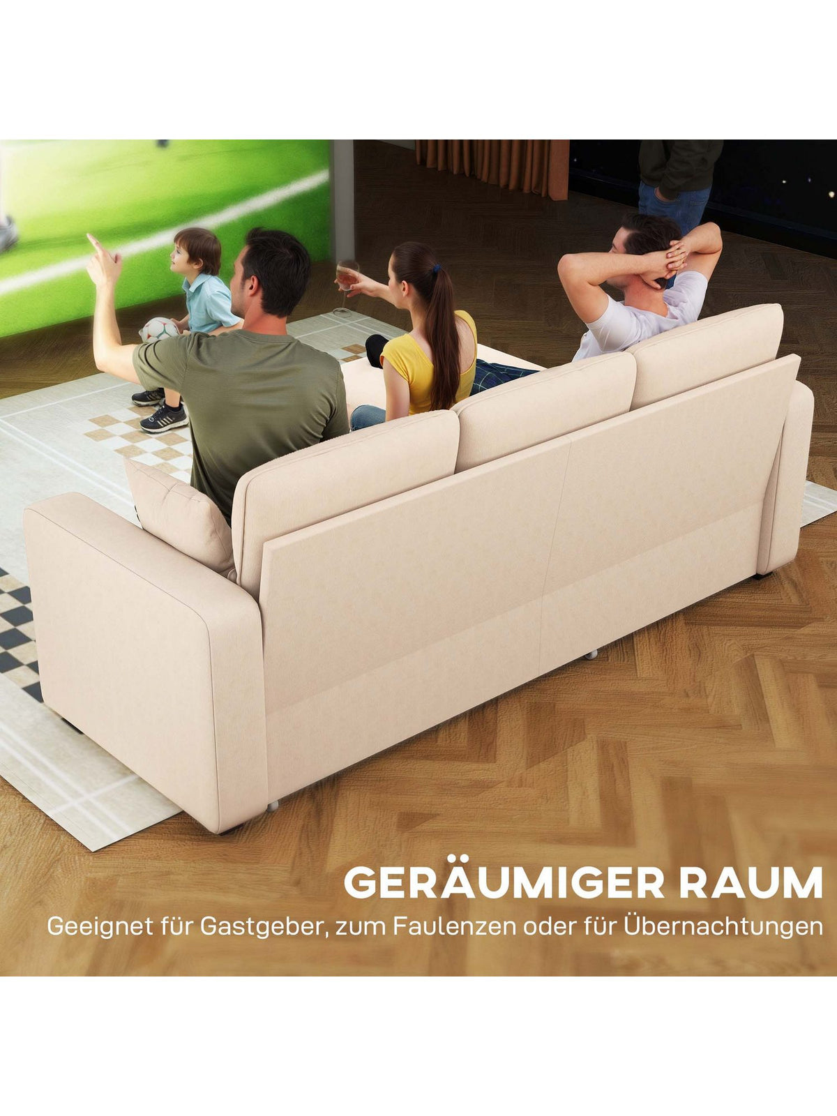 Seitenansicht des beigen Cord Ecksofas mit Recamiere