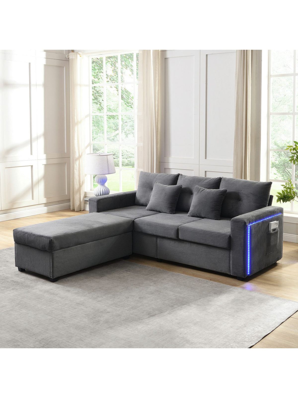 Cord Ecksofa MERAX in Grau mit Ottoman von der Seite
