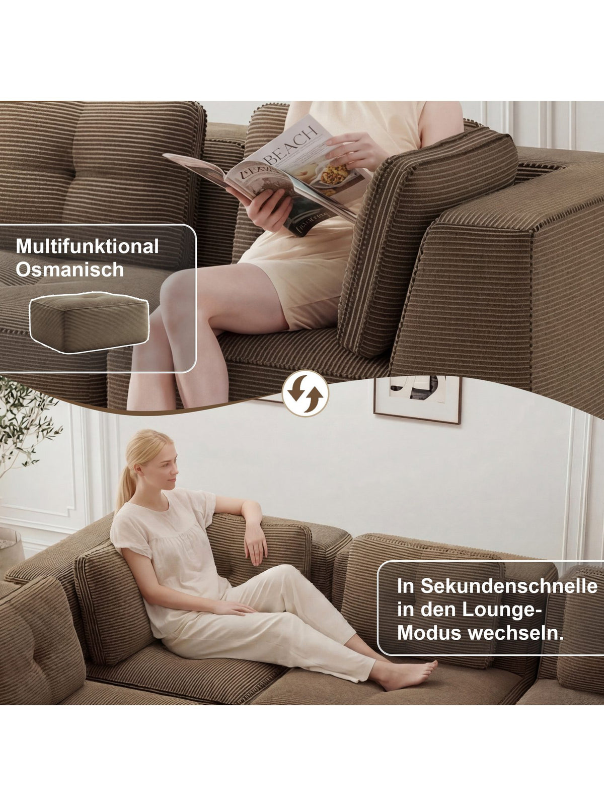 Modulares Cord Sofa in Braun in anderer Anordnung