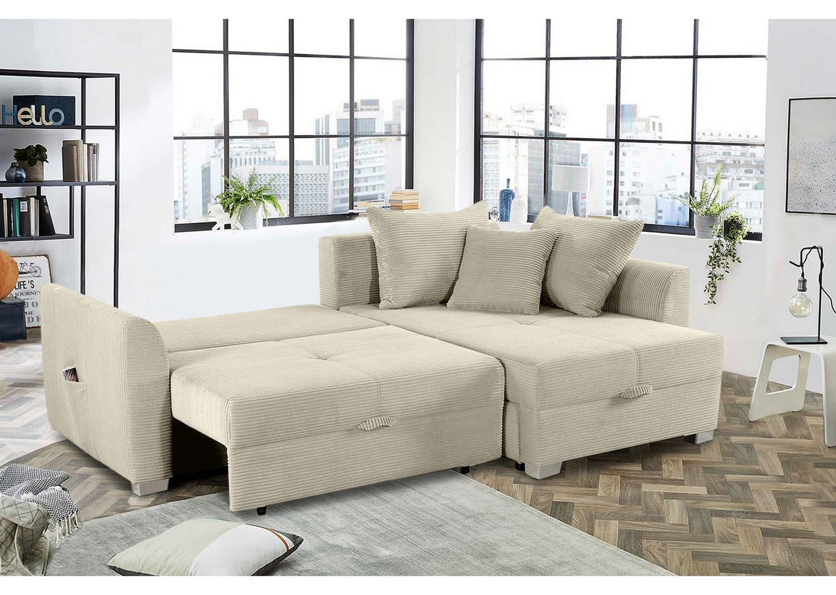 Ecksofa in Beige Grau von der Seite