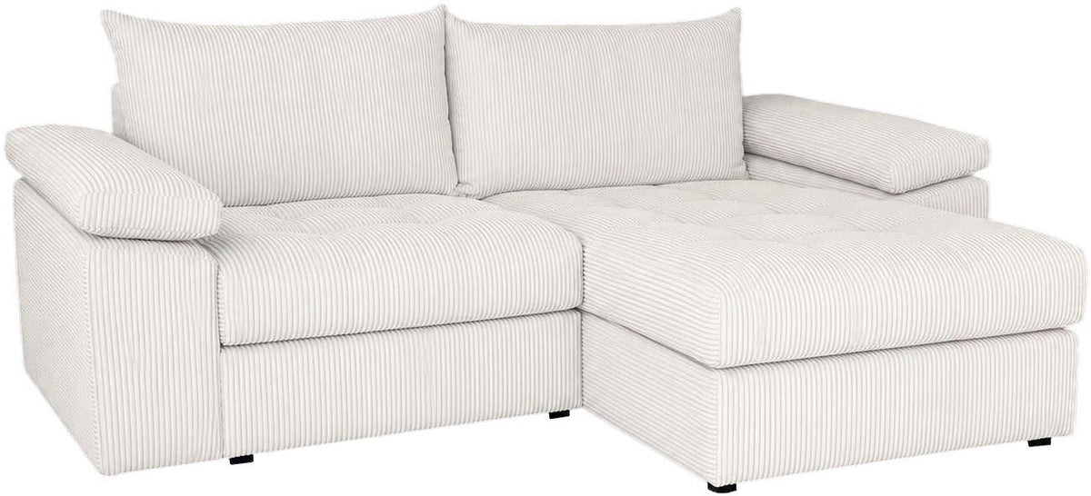 Detailansicht der Sitzsteppung am cremefarbenen Cord Ecksofa
