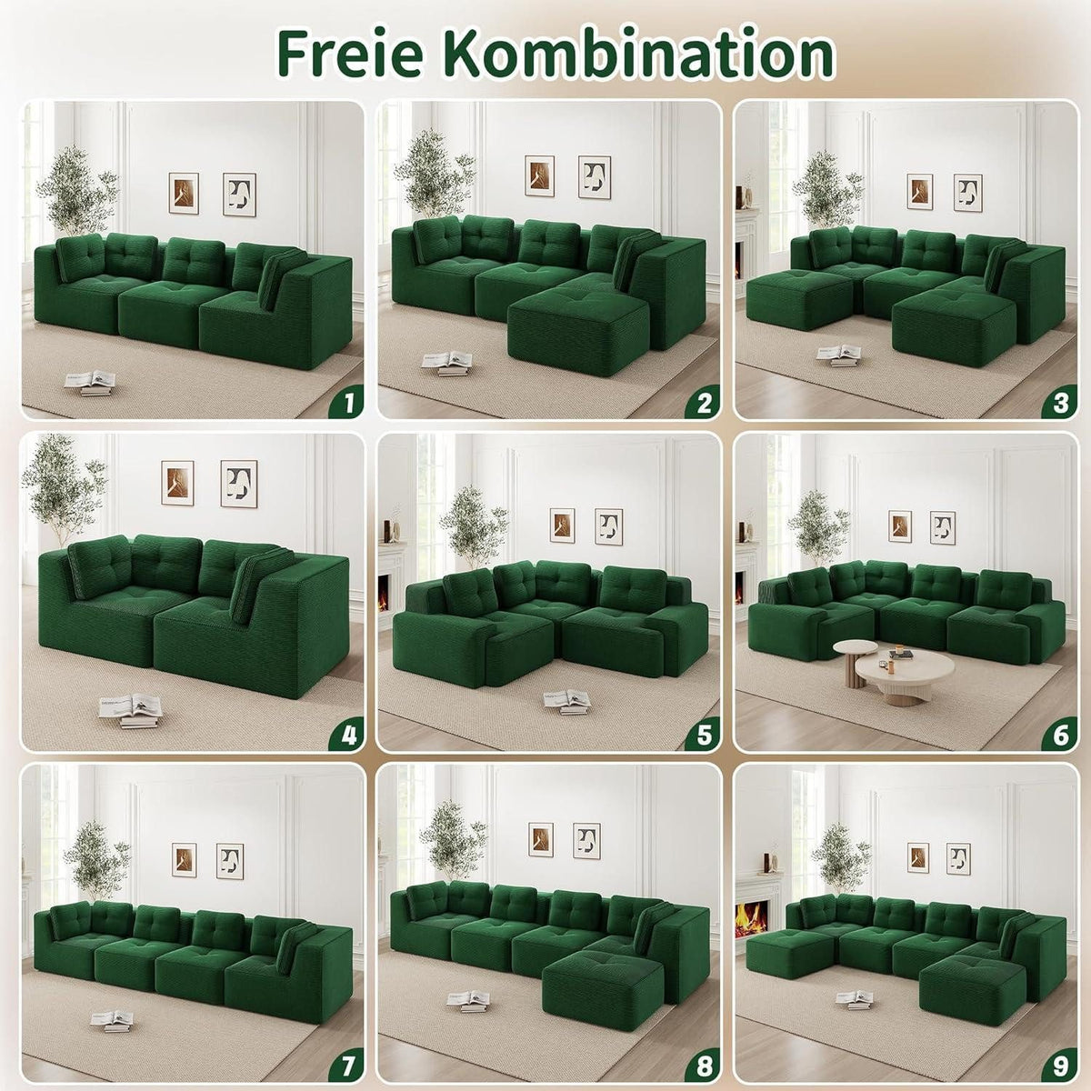 Tiefe Sitzfläche des grünen Cord Ecksofas