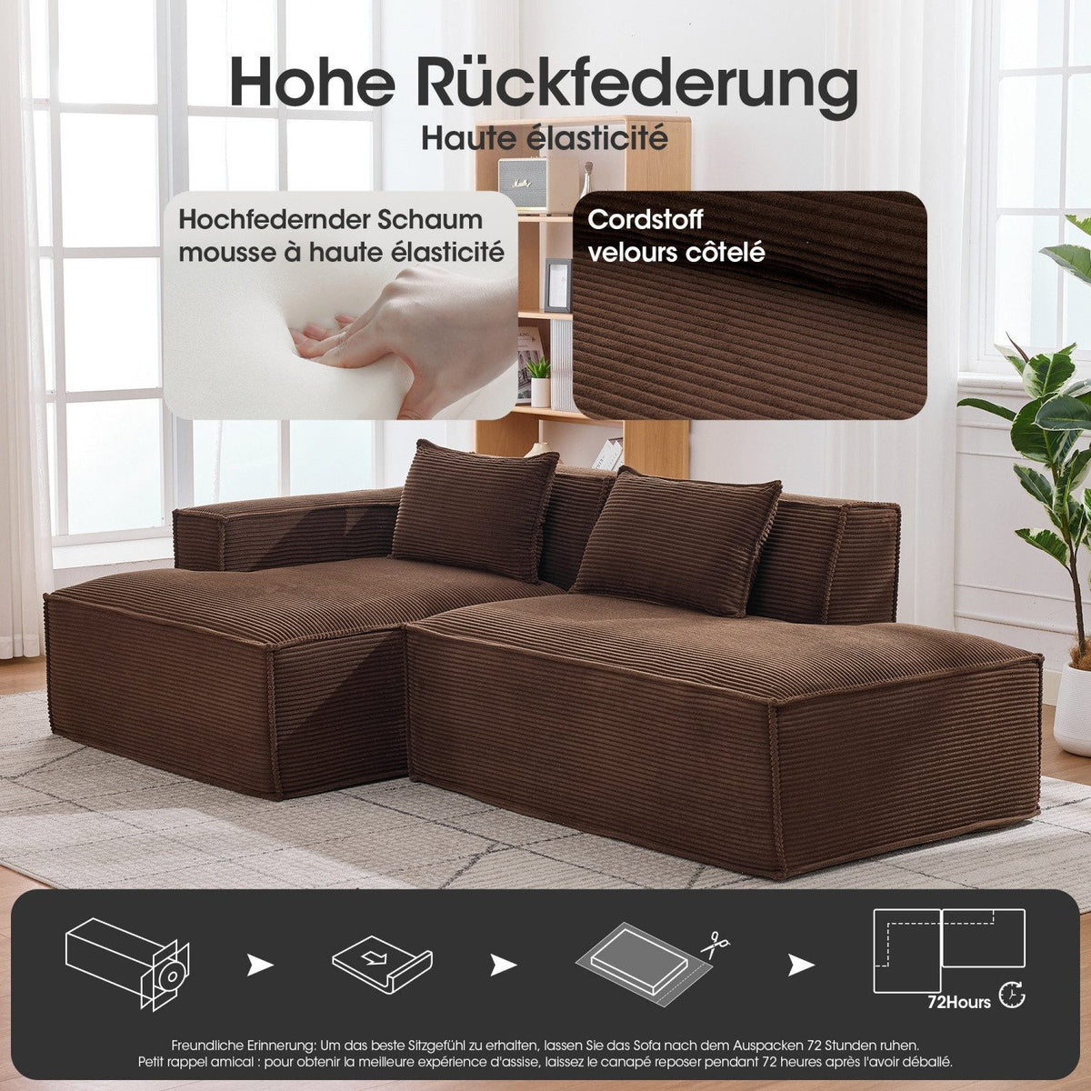 Seitenansicht des modularen Cord Ecksofas in Braun