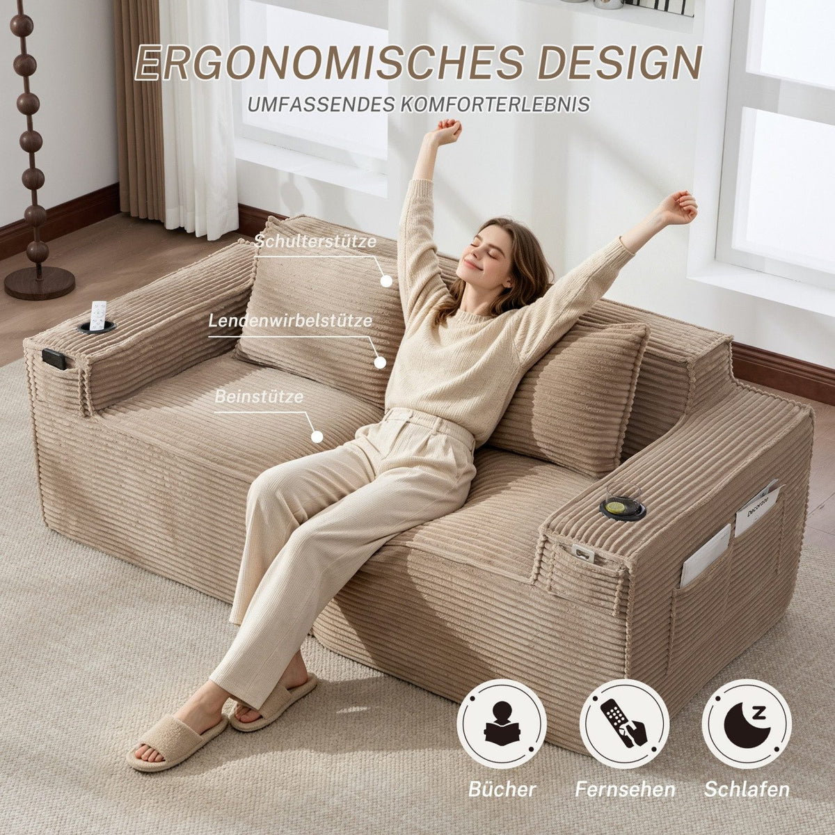 Modulares Cordsofa in Khaki im Wohnzimmer aufgestellt