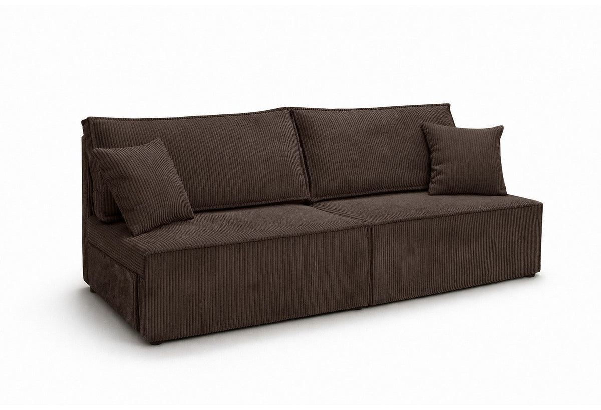 Geoeffneter Bettkasten des Cord Schlafsofas BEST MINI