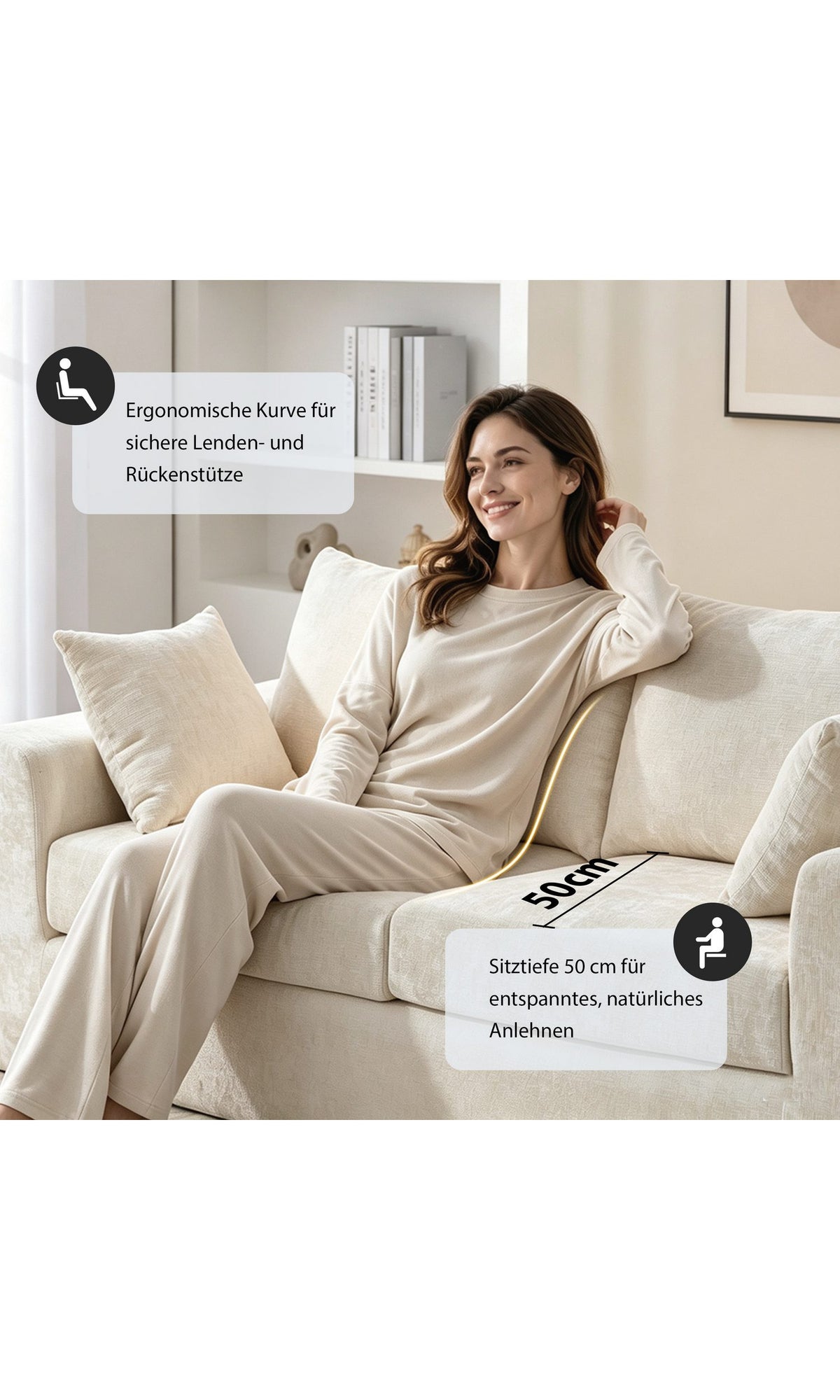 Seitenansicht des modularen Cord Sofas in Beige