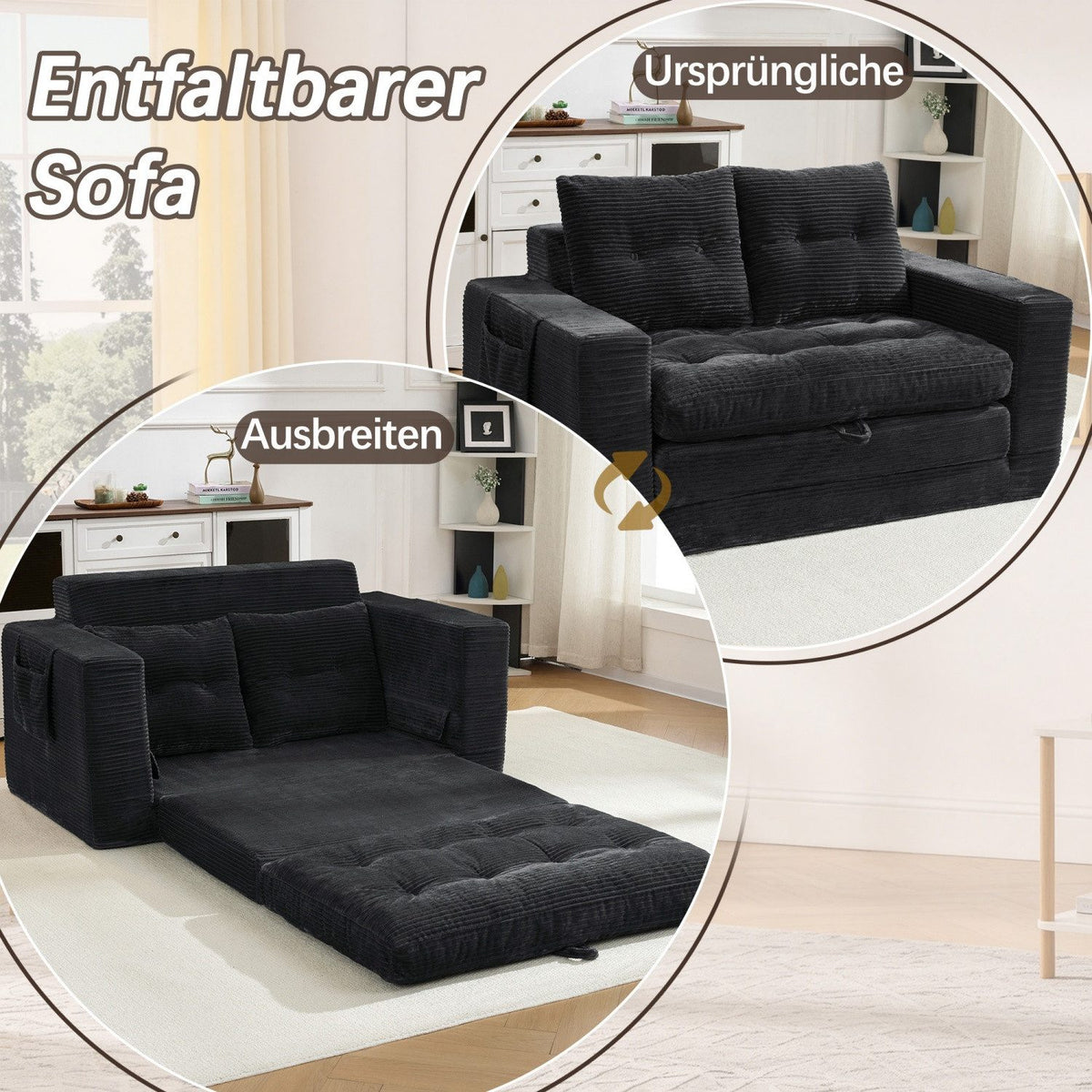 Cord Schlafsofa in Schwarz von vorne mit zwei Rückenkissen