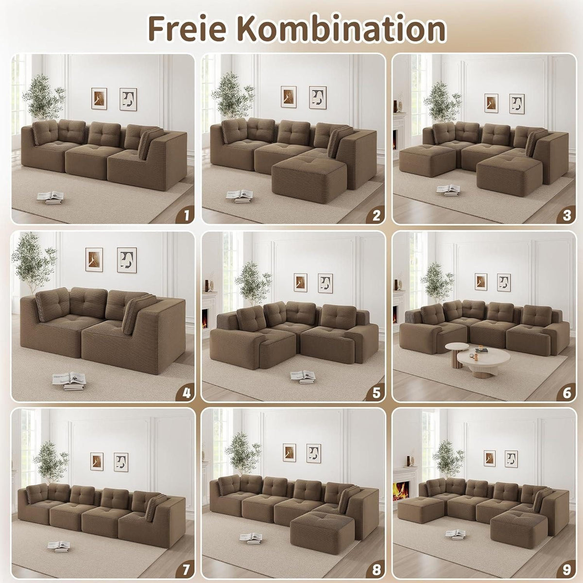 Braunes Cord Ecksofa mit breiten Armlehnen und niedriger Sitzhöhe