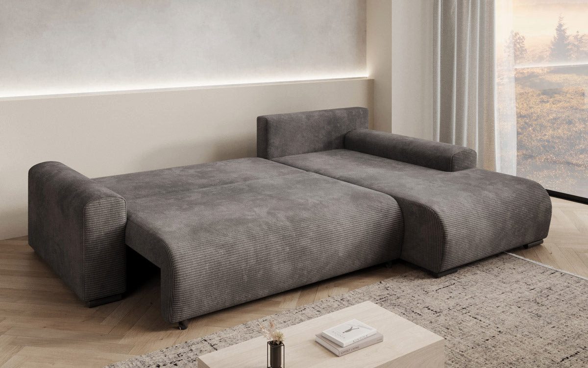 Detailansicht des grauen Cordbezugs am Schlafsofa HANNA