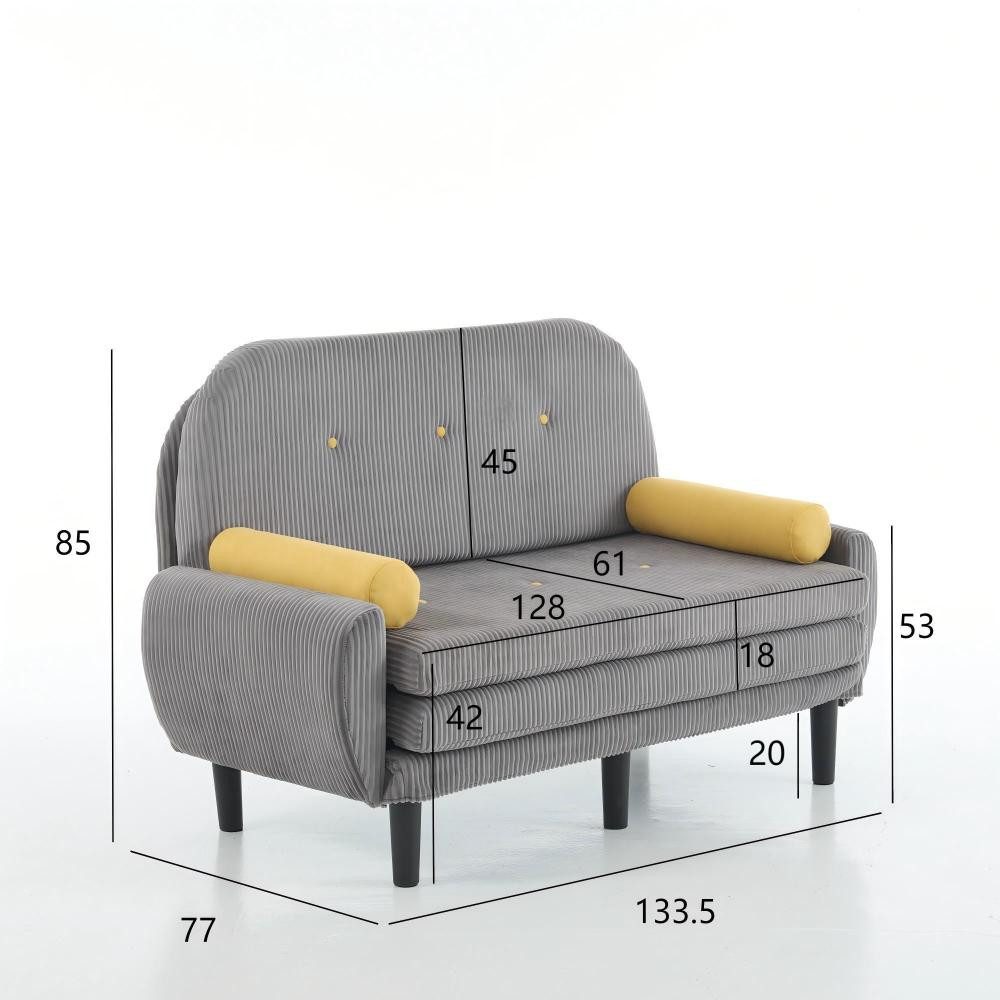 Cord Schlafsofa 2-Sitzer in Grau mit zylindrischen Kissen