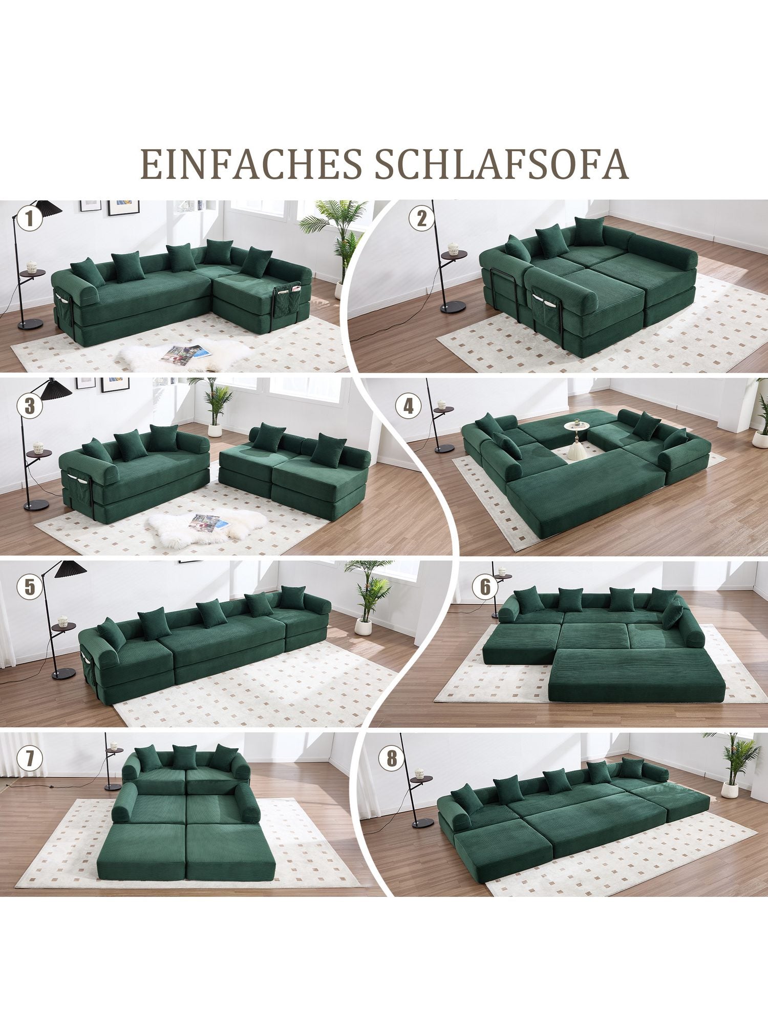 Grünes Cord Modulsofa als durchgehende Fuenfergruppe aufgestellt