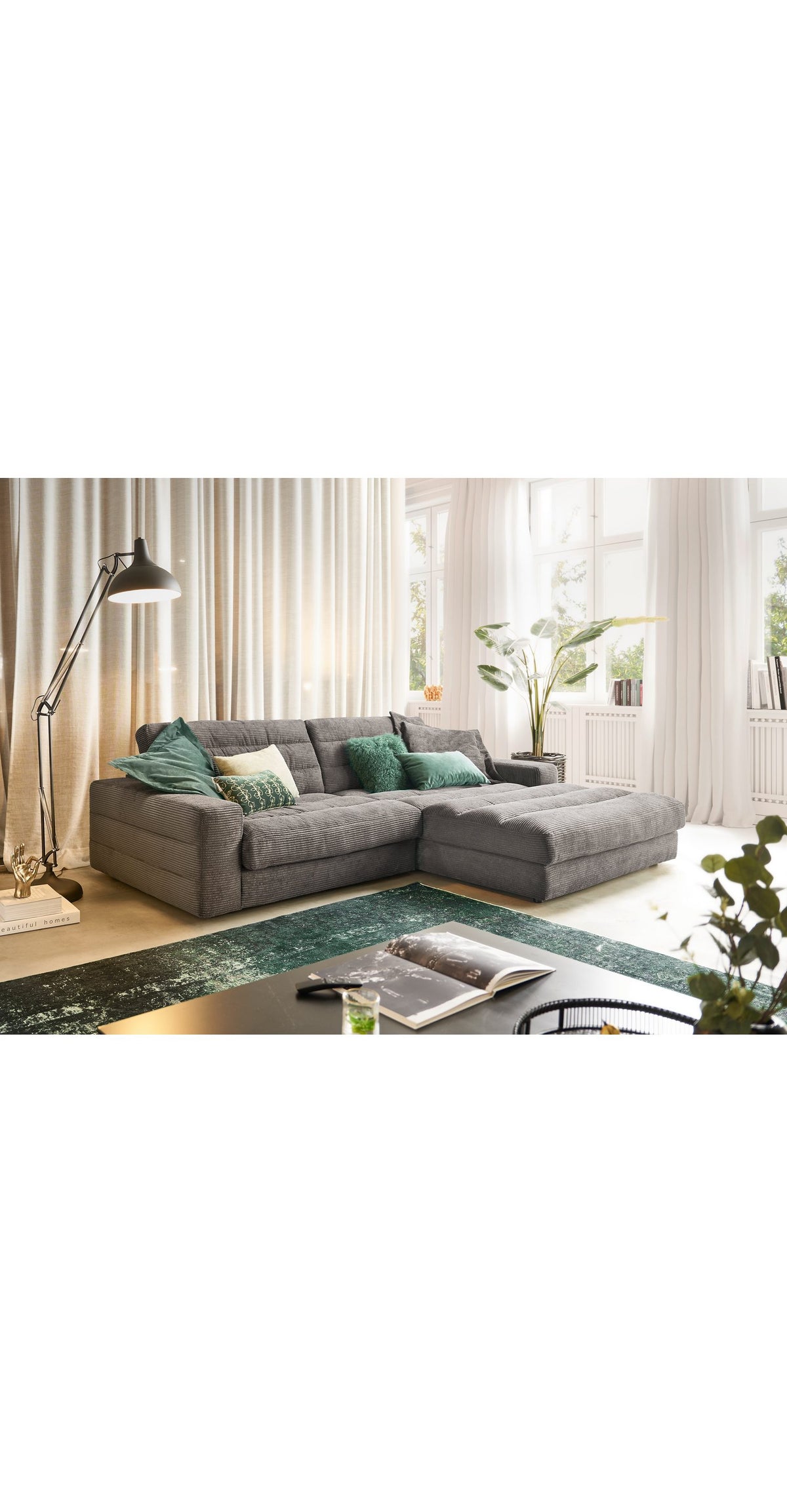 Cord Ecksofa STRIPES in Dunkelgrau Frontansicht