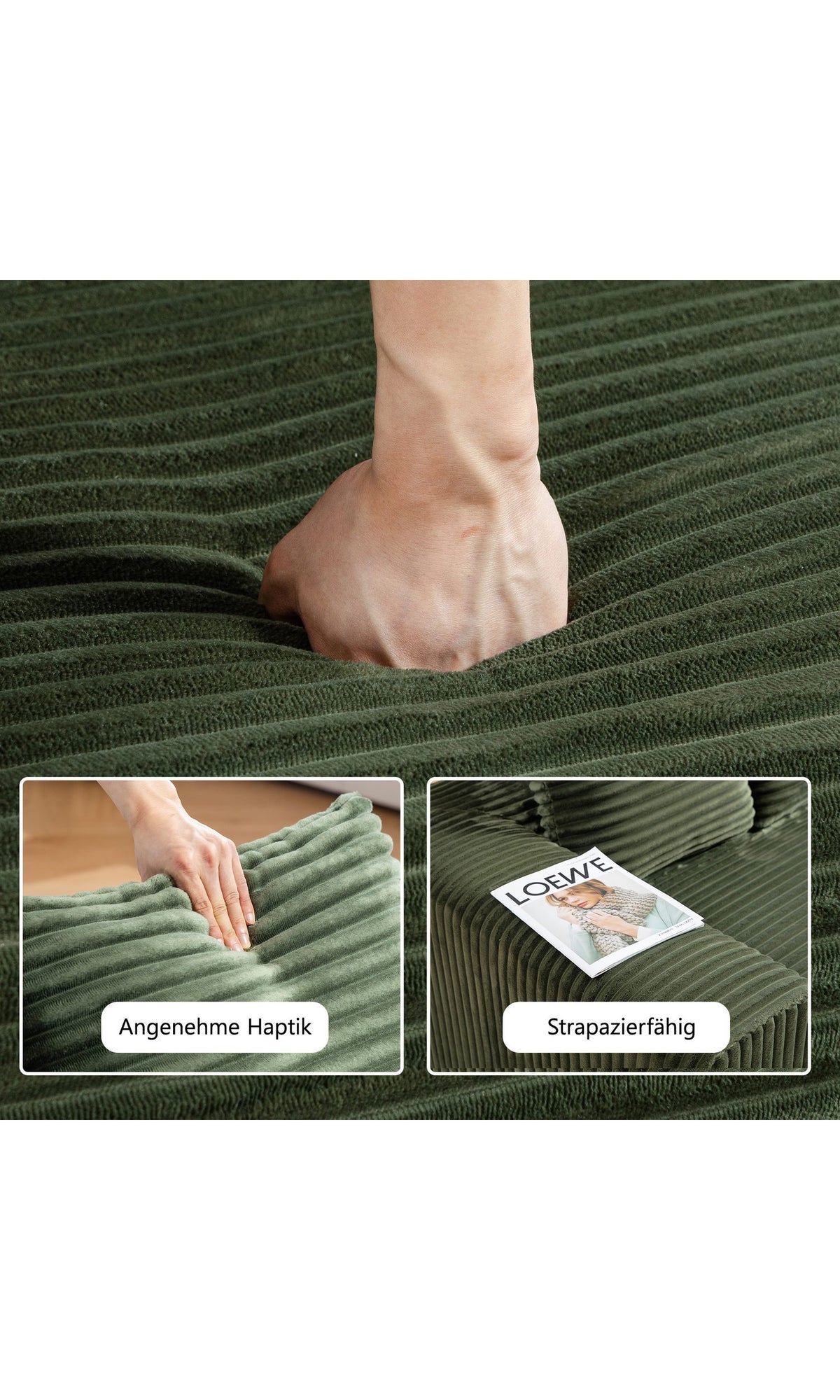 Seitenansicht des grünen Cord Schlafsofas ORVANE