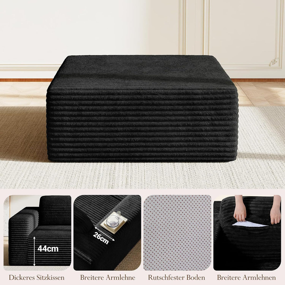 Cord Ecksofa Schwarz mit hochelastischem Schaumstoff