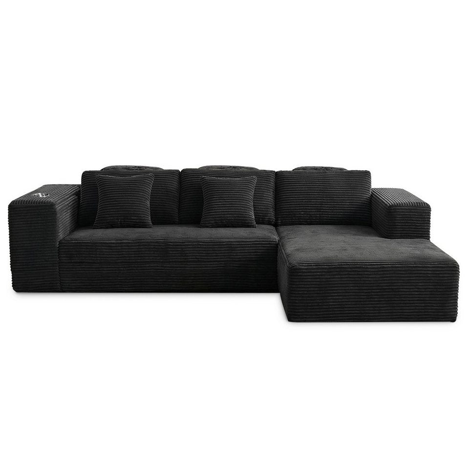 Schwarzes Cord Ecksofa mit rechter Recamiere und 257 cm Breite