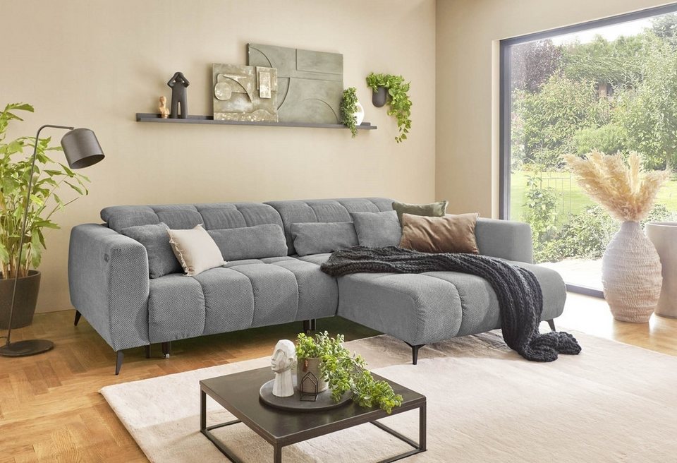 Cord Ecksofa LUDDI in Grau mit Ottomane rechts