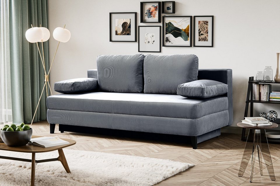 Cord Schlafsofa SORTO 200 cm in Blau-Grau