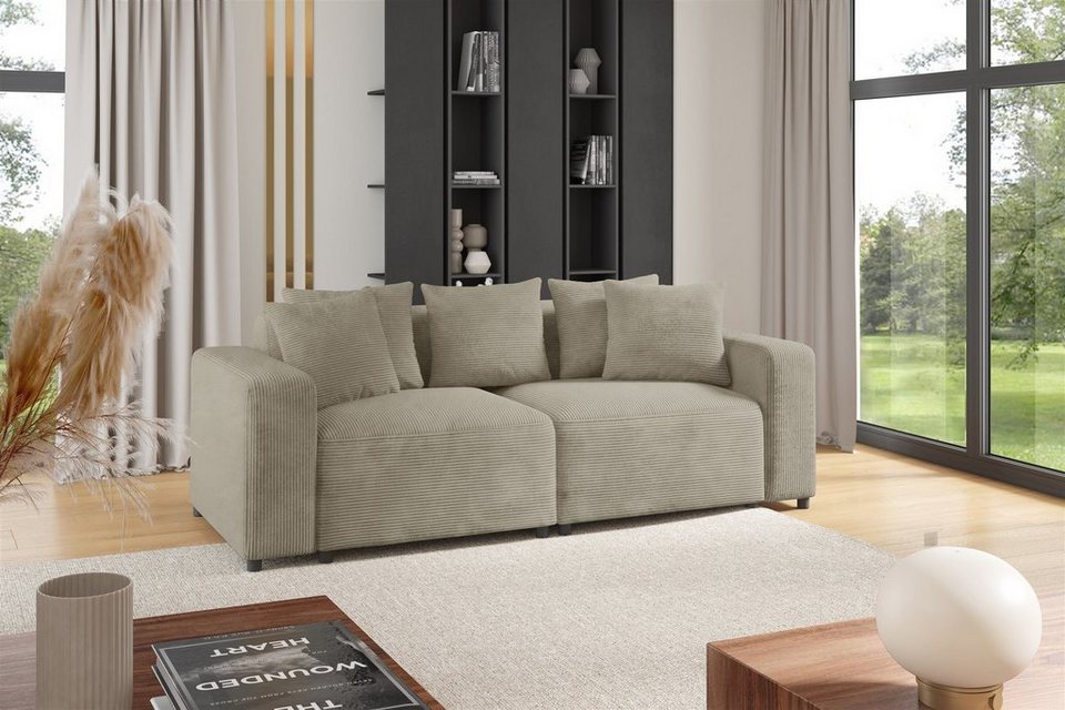 Cord Sofa MEGAN in Beige mit fünf Zierkissen