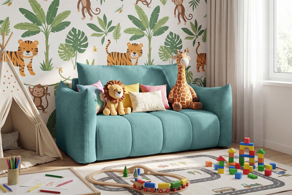 Cord Schlafsofa FUN LORRIS in Türkis mit Bettkasten