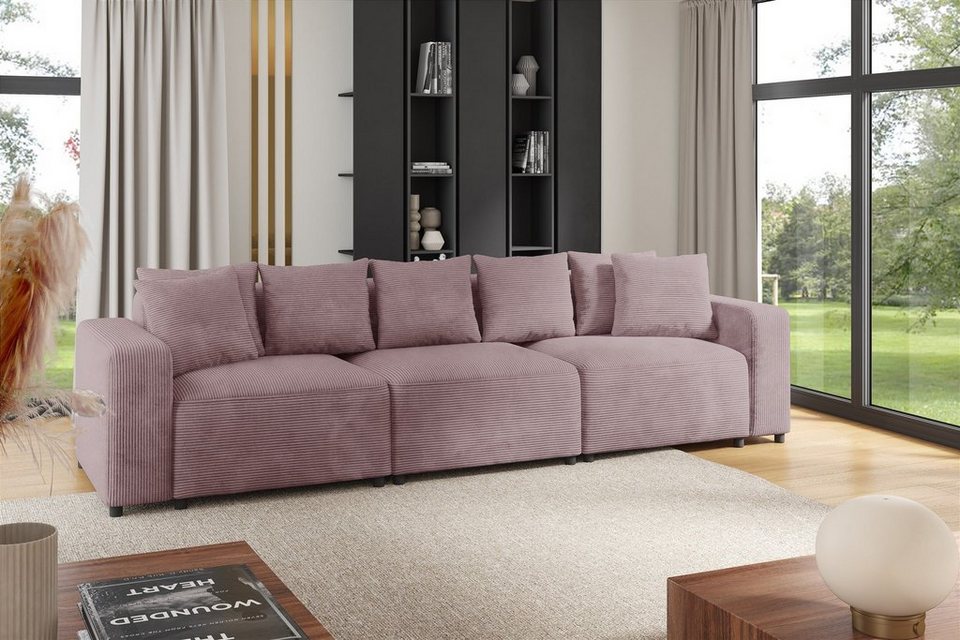 Cord Sofa FUN AROA 3-Sitzer in Altrosa mit Zierkissen