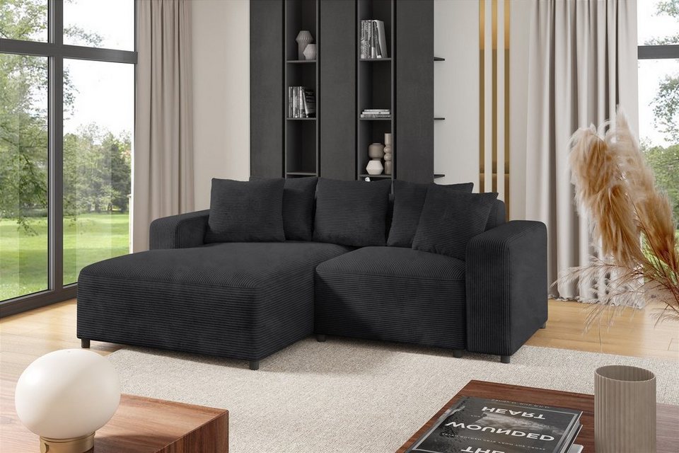 Cord Ecksofa FUN AROA XS 240 cm in Anthrazit mit Ottomane links