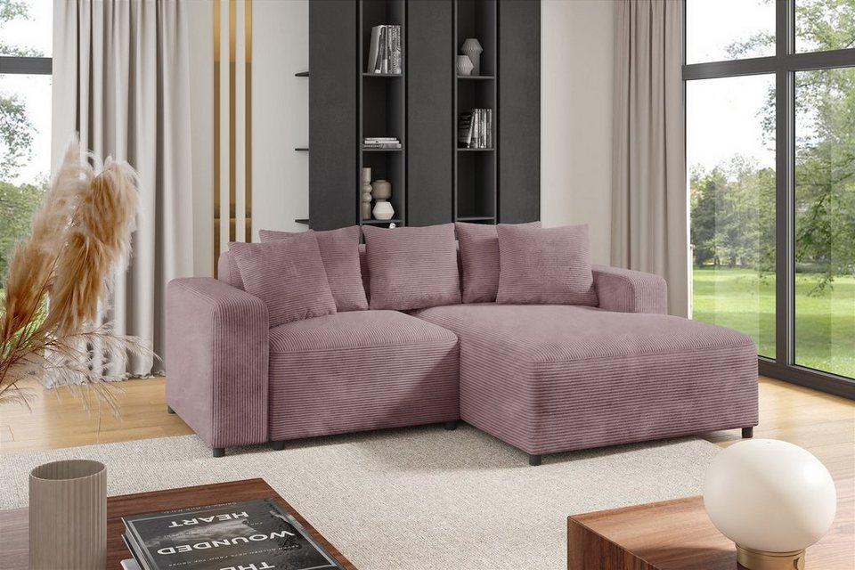 Cord Ecksofa MEGAN XS in Altrosa mit Ottomane rechts und fünf Zierkissen