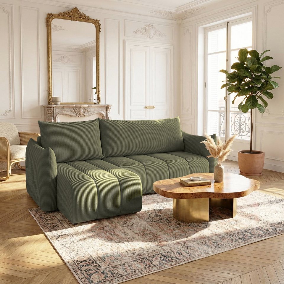 Cord Ecksofa ONTARIO XS in Olivgrün mit Ottomane und Bettkasten
