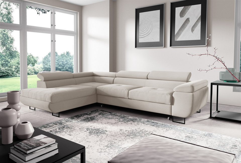 Cord Ecksofa FUN LUCY in Altweiß mit Schlaffunktion und Ottomane