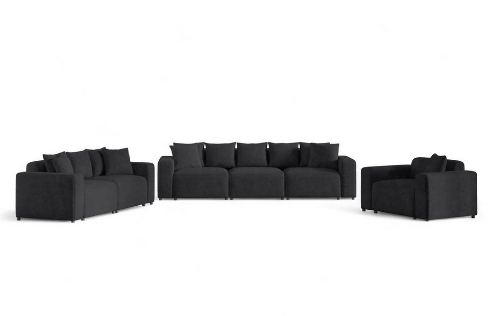 Cord Sofagarnitur FUN AROA in Anthrazit mit 3-Sitzer 2-Sitzer und Sessel