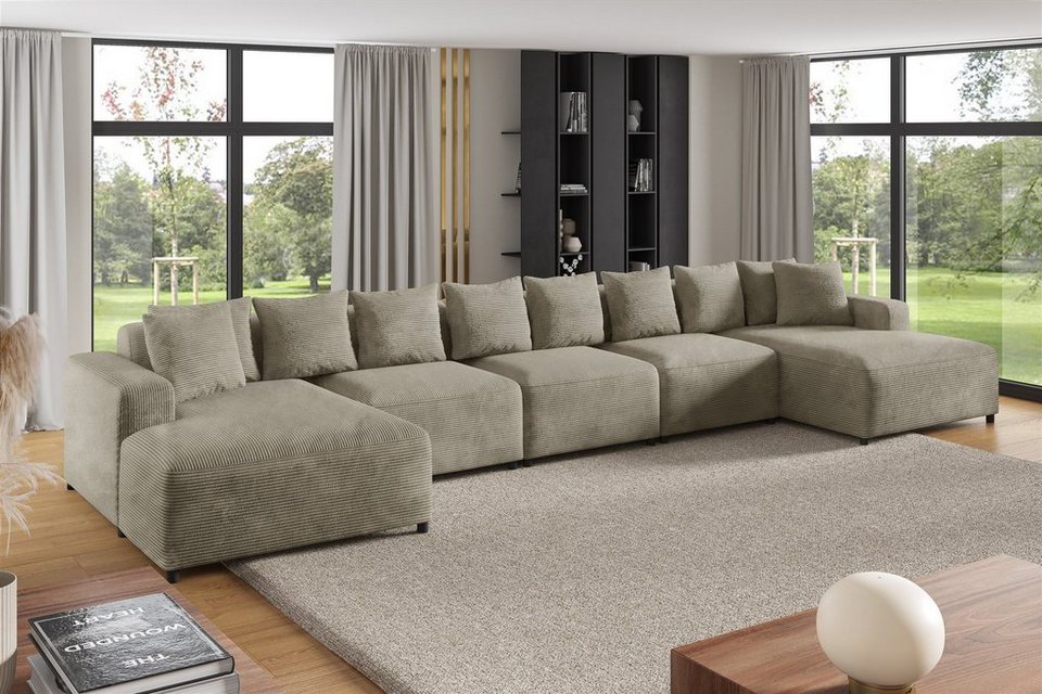 Cord Wohnlandschaft FUN AROA XL in Beige mit Ottomane
