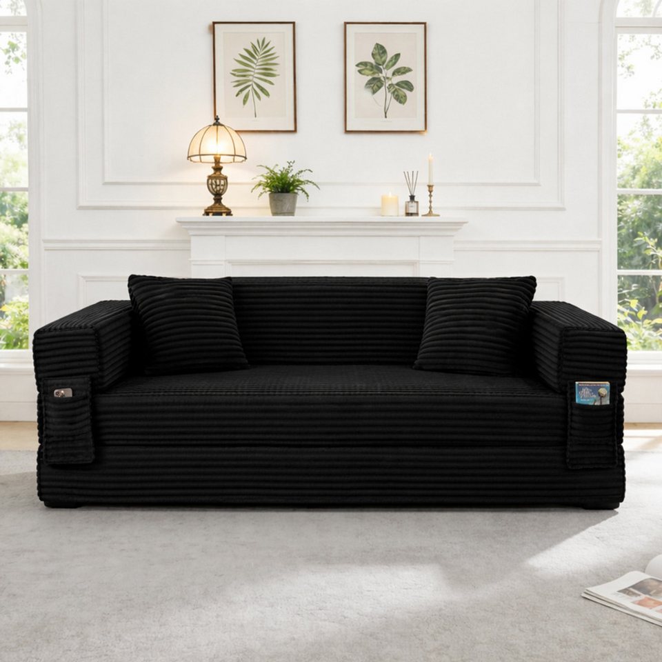 Cord Schlafsofa 200 cm in Schwarz mit Schlaffunktion