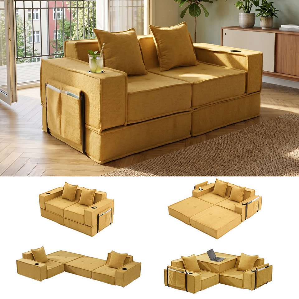 Cord Schlafsofa SET 5 in Senfgelb 162 cm breit