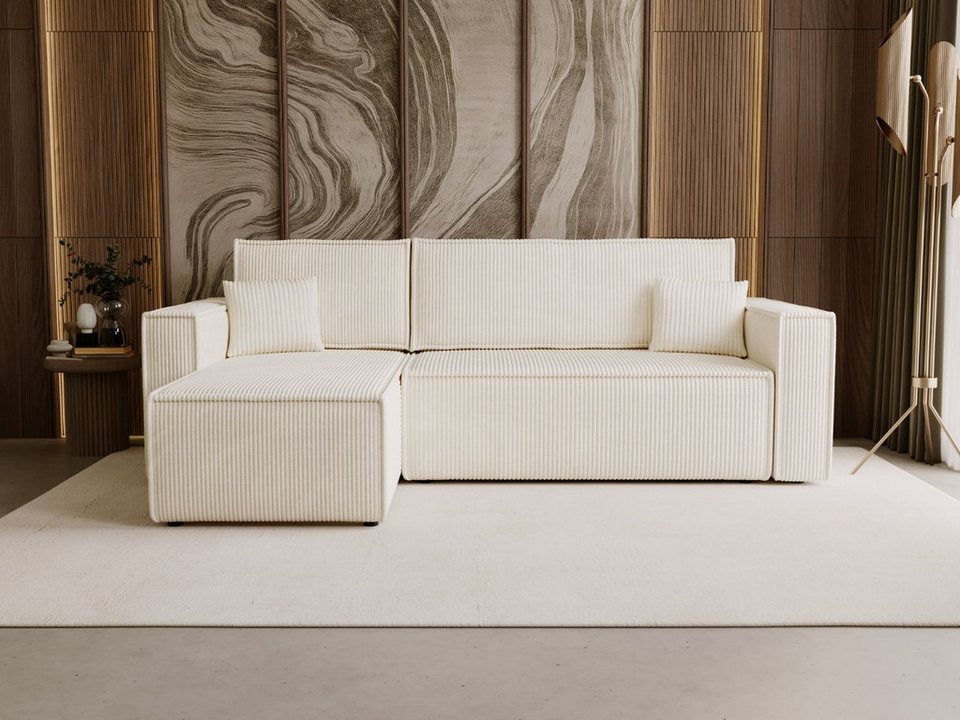 Cord Ecksofa Prato L in Beige mit Ottomane und Schlaffunktion