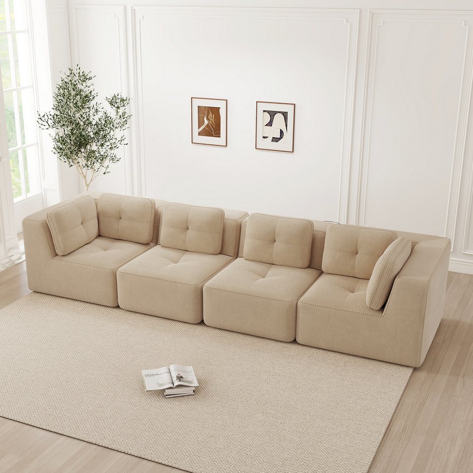 Modulares Cord Ecksofa in Beige mit vier Sitzplätzen
