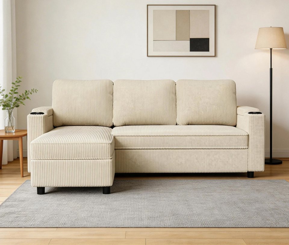 Cord Ecksofa in Beige mit Schlaffunktion und Bettkasten