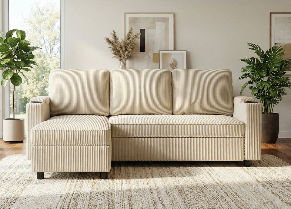 Cord Ecksofa in Beige mit Schlaffunktion und Bettkasten