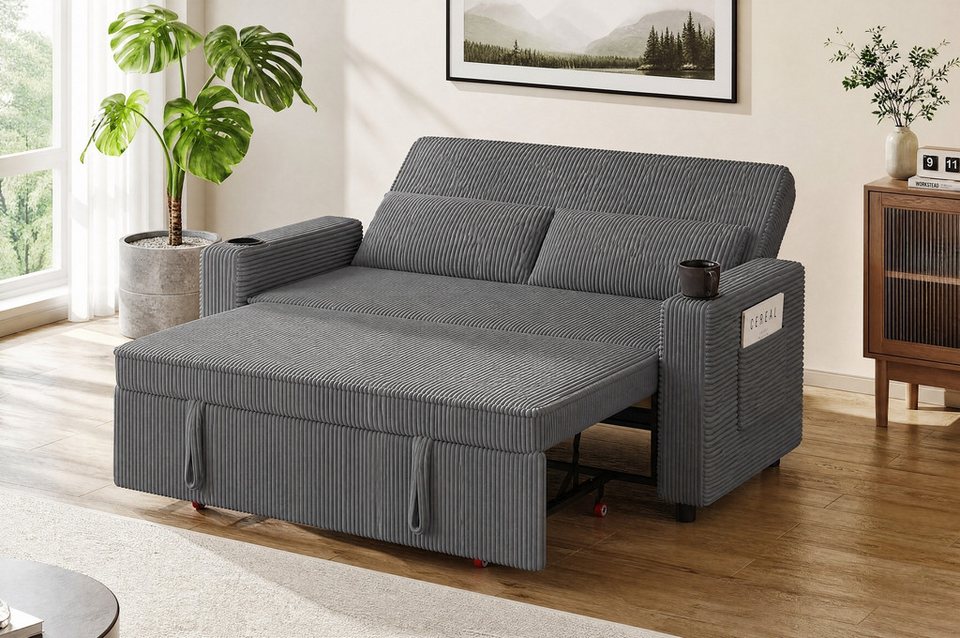 Cord Schlafsofa in Dunkelgrau mit Getraenkehalter und Seitentasche