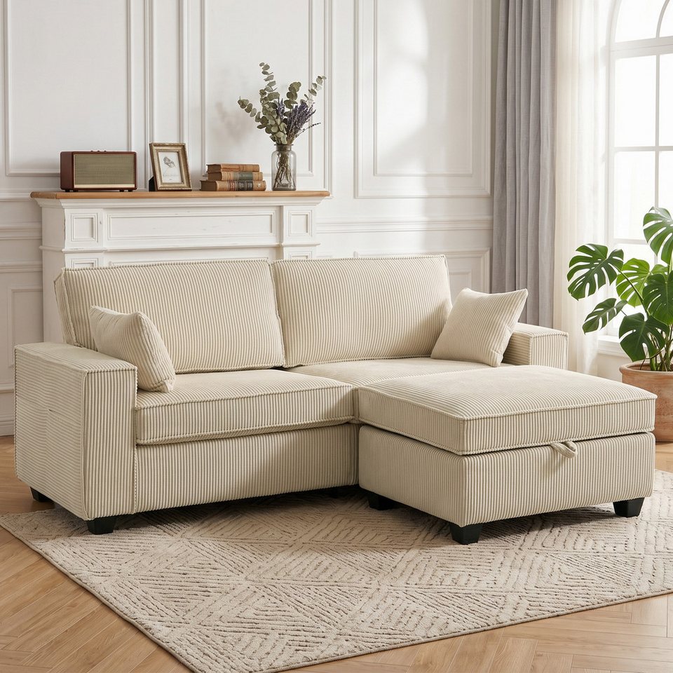 Cord Ecksofa HOMCOM in Beige mit Hocker
