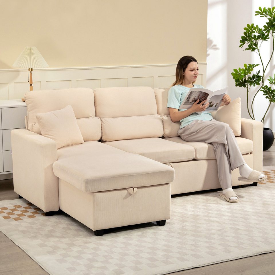 Cord Ecksofa in Beige mit Recamiere und Schlaffunktion