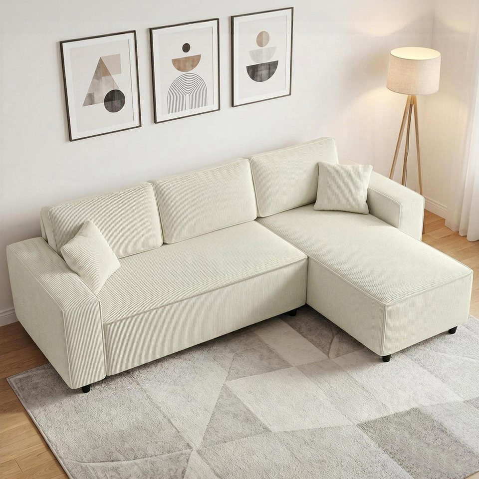 Cord Ecksofa in Cremeweiß mit umkehrbarer Chaiselongue