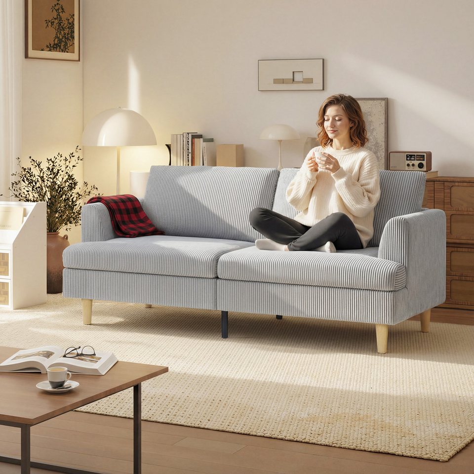 Cord Sofa HOMCOM in Hellgrau als 3-Sitzer mit Federkern