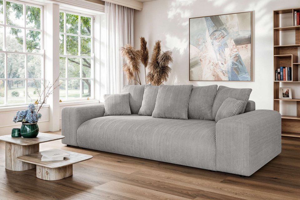 Cord Schlafsofa LAKESIDE in Hellgrau mit Bettkasten